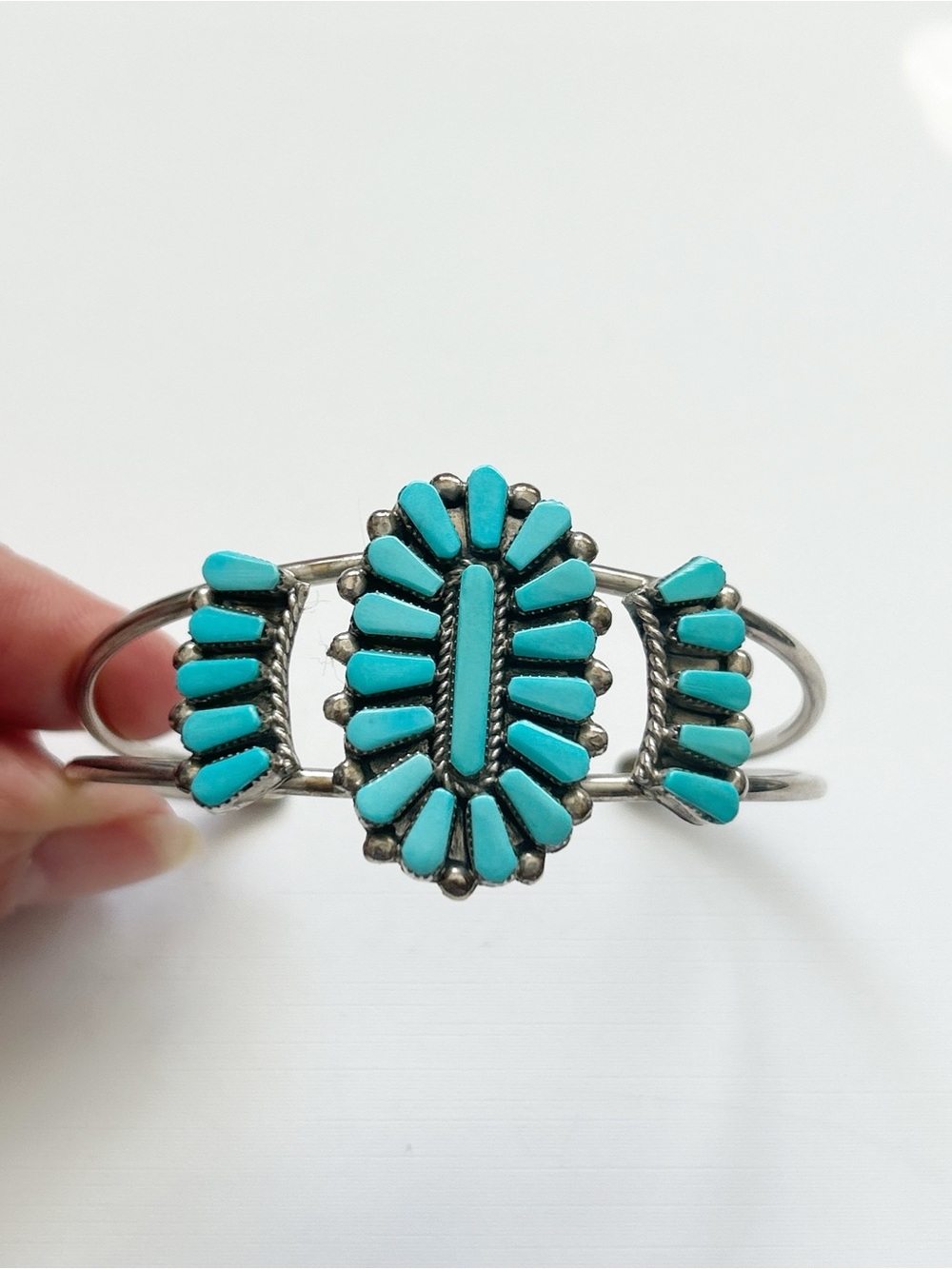 Vintage Signed Halusewa Zuni 26 Turquoise Cluster Sterling Silver Cuff Bracelet
